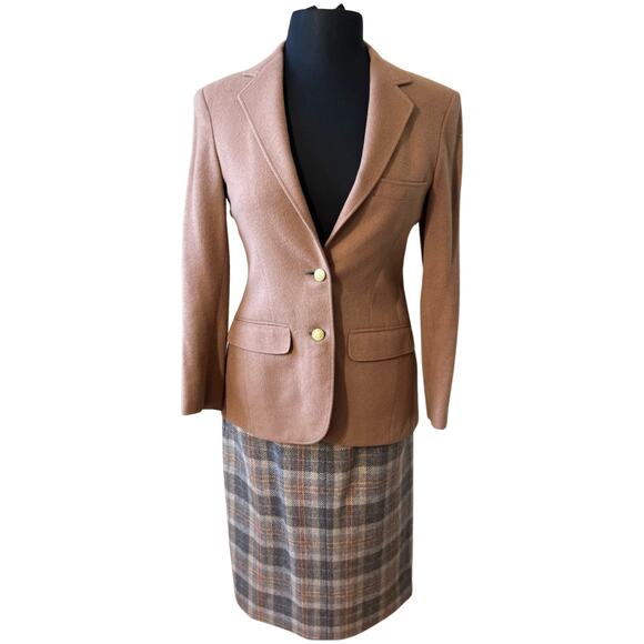 Vintage Dresses & Skirts - Vintage 80s Cashmere Camel Blazer Grey Plaid Midi Skirt Suit size 6 Van Julian